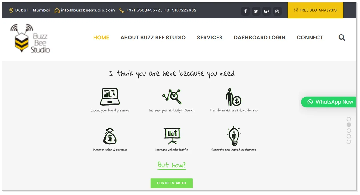 Buzz Bee Studio home page picture with there different service picture and let's get started button.